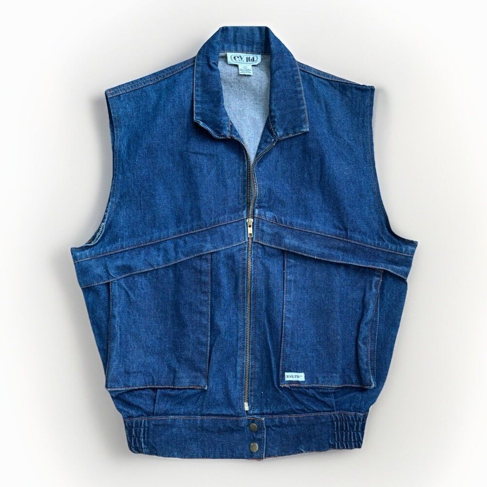 Vintage 90s EV Ltd Denim Utility Vest Mens Large Cargo Pockets Workwear YKK